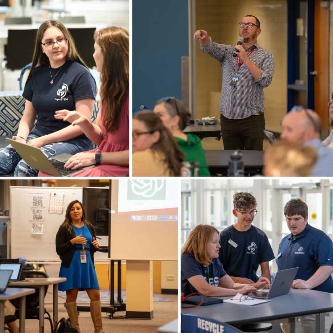 Collage of four images depicting a workshop with participants engaged in discussions, presentations, and teamwork.